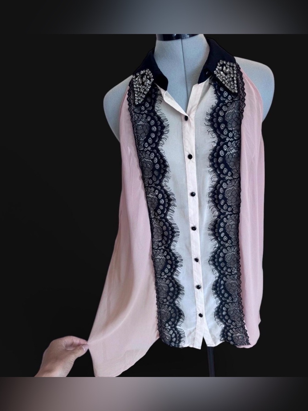 Shirt-BKE Embellished Pink & Black Lace Panel Blouse